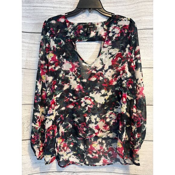 Aqua Floral Sheer Long Sleeve Blouse With V-Neck & Keyhole Back Size S - Picture 1 of 3